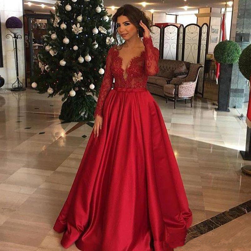Red Long Sleeves Lace Applique Prom ...